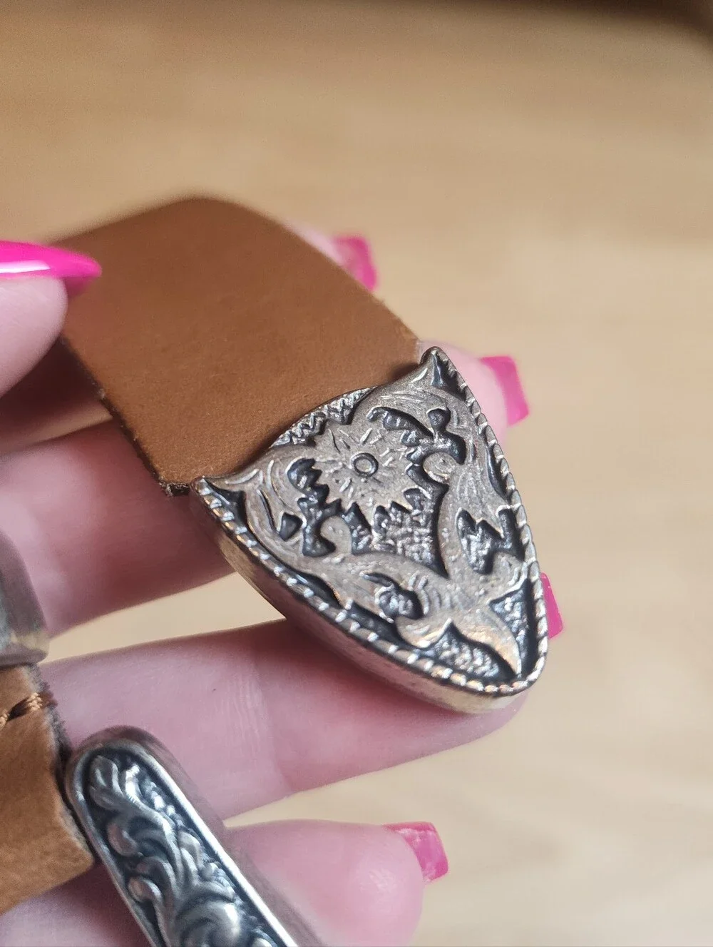Yourturn Genuine Leather Brown Belt Silver Floral Metal Buckle 37